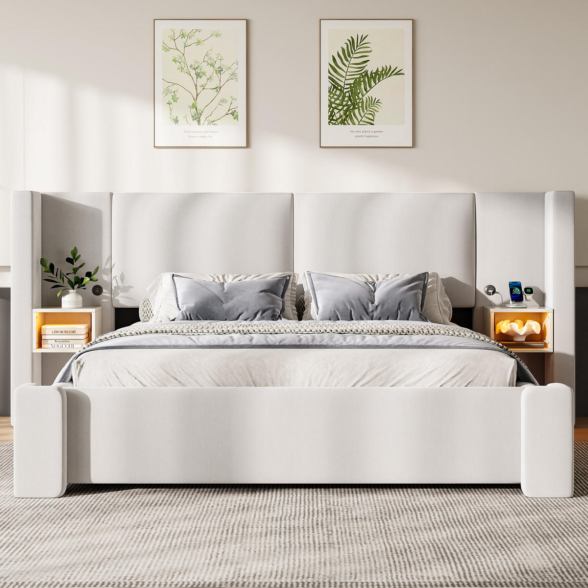 POLSTERBETT 180x200cm mit hydraulischer Staufunktion, Beige- Leinen - Beige, Textil (180/200cm) - KOMHTOM