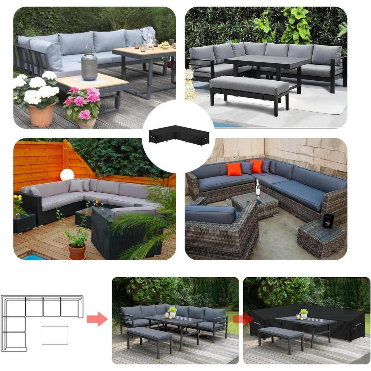 GARTENSOFA Abdeckung L-Form 210x260x87x80/60cm Wasserdicht - Schwarz, Kunststoff (1/1/1cm)