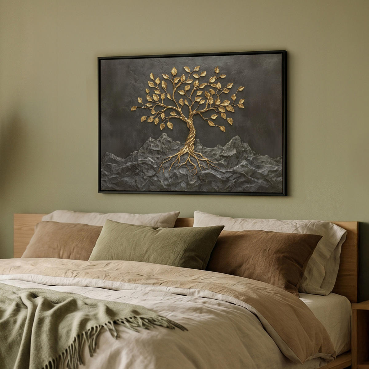 LEINWAND Bilder mit Rahmen - Blätter - Gold - Baum - Fels - 70x50 - Schwarz, Textil (70/50cm) - MuchoWow