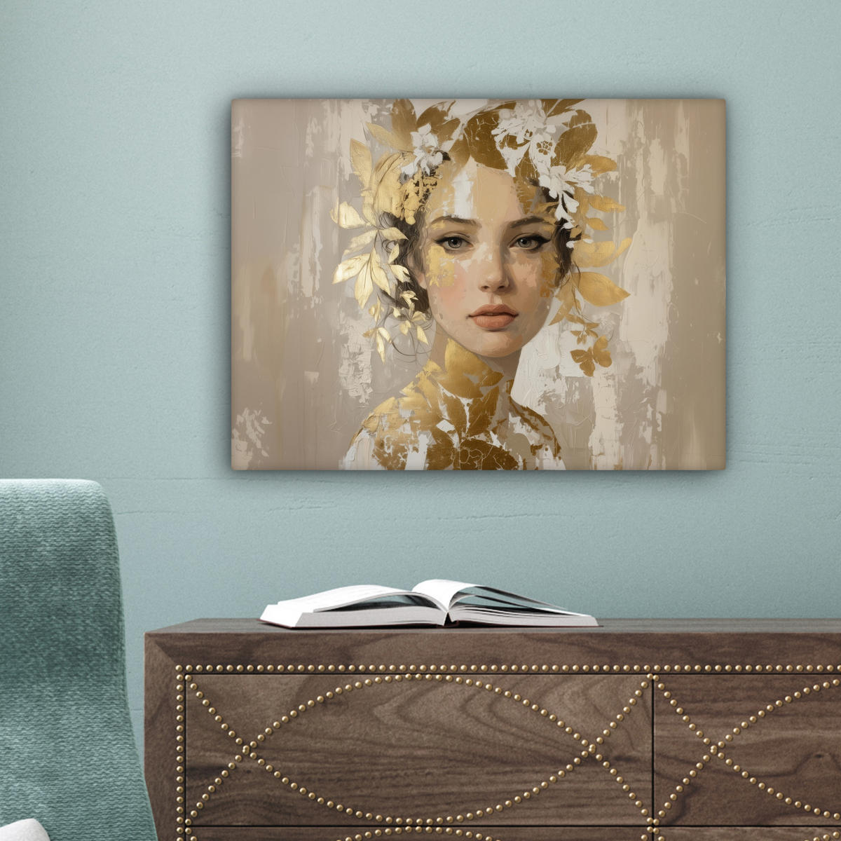 LEINWANDBILD Gesicht - Frau - Blätter - Gold Wandbild 40x30 cm - Beige, Textil (40/30cm) - MuchoWow