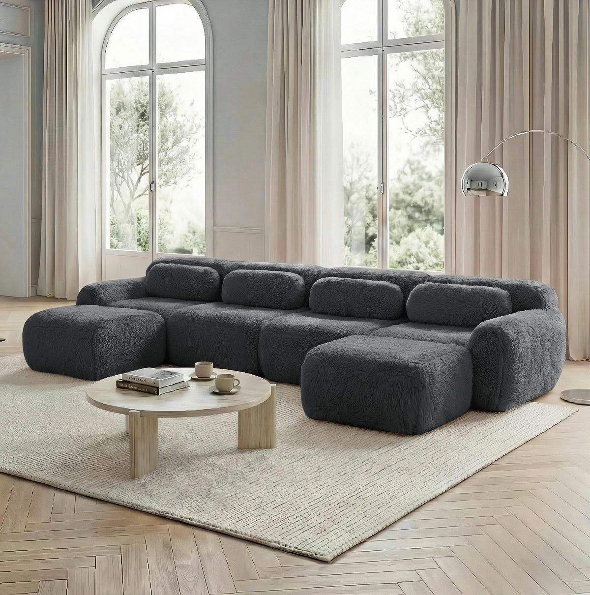 ECKSOFA 378/179/73 cm grau aus Plüsch ohne Montage frei kombinierbar - Grau, Textil (179/378cm) - OKWISH