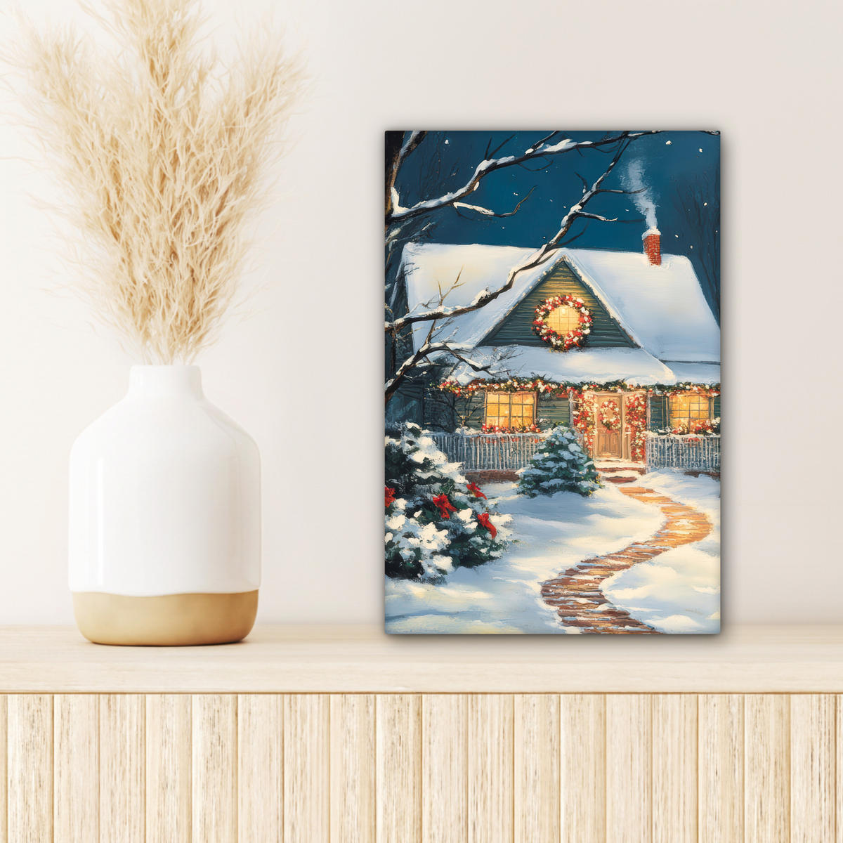 LEINWANDBILD Weihnachten - Weihnachtsbaum - Winter - Zuhause - Schnee 20x30 cm - Smaragdgrün, Textil (20/30cm) - MuchoWow