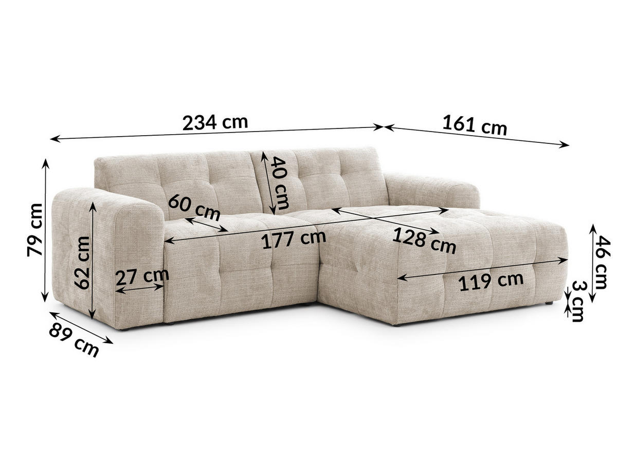 ECKSOFA inkl. Hocker Kozy im Bumpy-Design mit Schlaffunktion und fester Rückenlehne aus weichem Dunkelbeige Chenille-Stoff - Ottomane rechts - Beige/Schwarz, Holz/Kunststoff (234/161cm) - S-Style Möbel