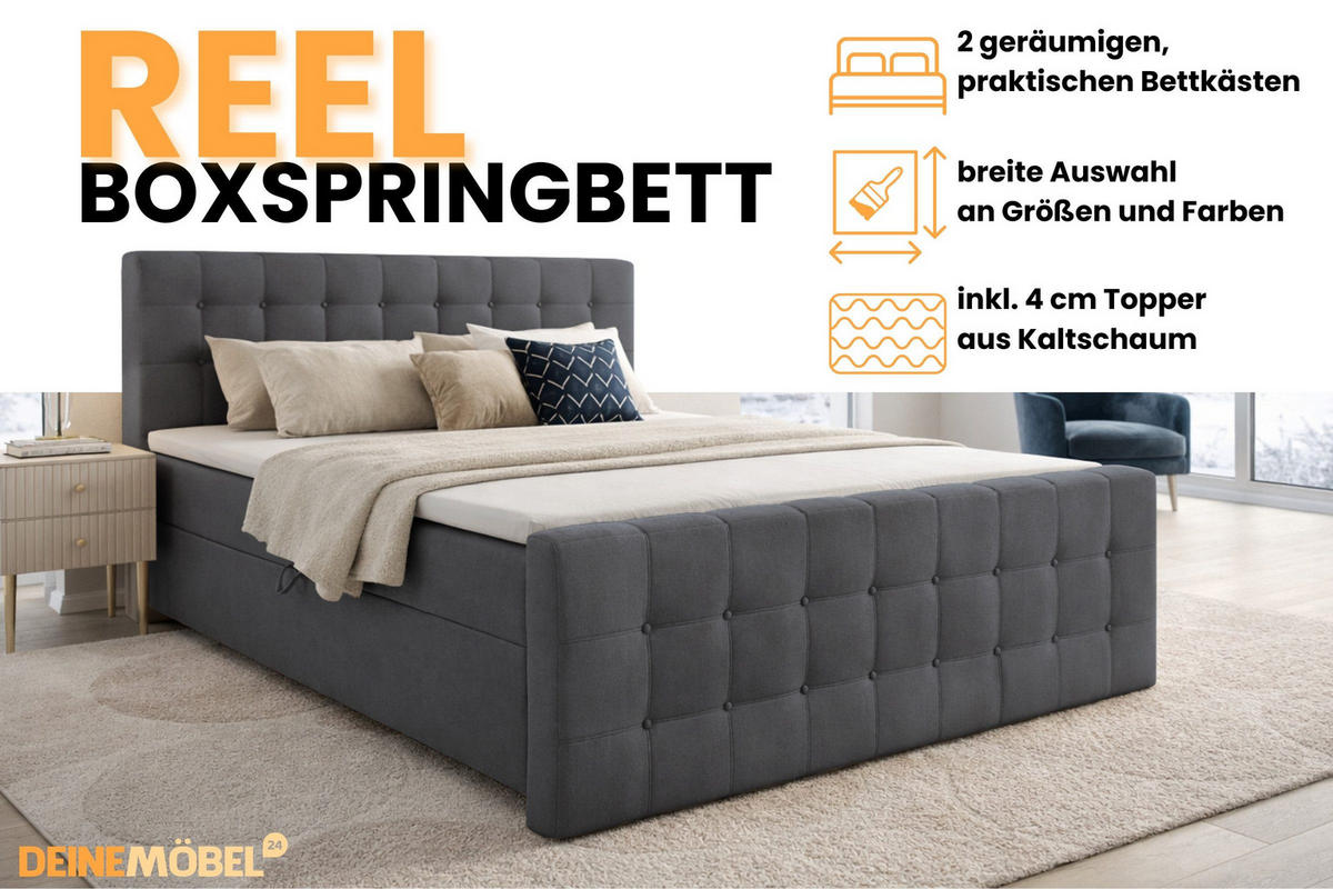 BOXBETT REEL 160/200 in Velours Dunkelgrau H4 - Dunkelgrau, Holz/Holzwerkstoff (160/200cm) - Deine Möbel 24