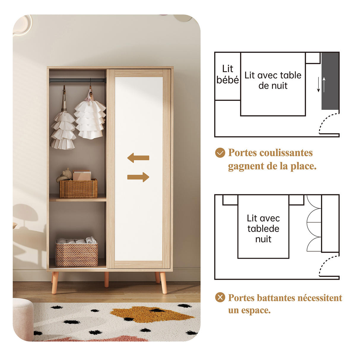 KINDER-KLEIDERSCHRANK 80x46x141.5cm Weiß + Natur Schiebetüren Massivholzfüße - Multicolor, Holz (46/141.5/80cm) - FLIEKS