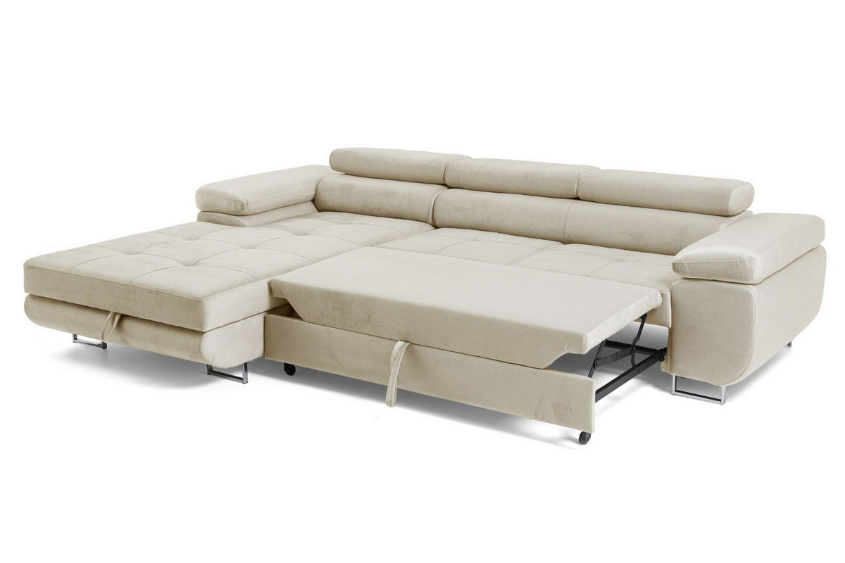 ECKSOFA ALONZO L Links mit Schlaffunktion 125x195 Velours Beige - Beige/Silberfarben, Holz/Textil (275/203cm) - Muffo