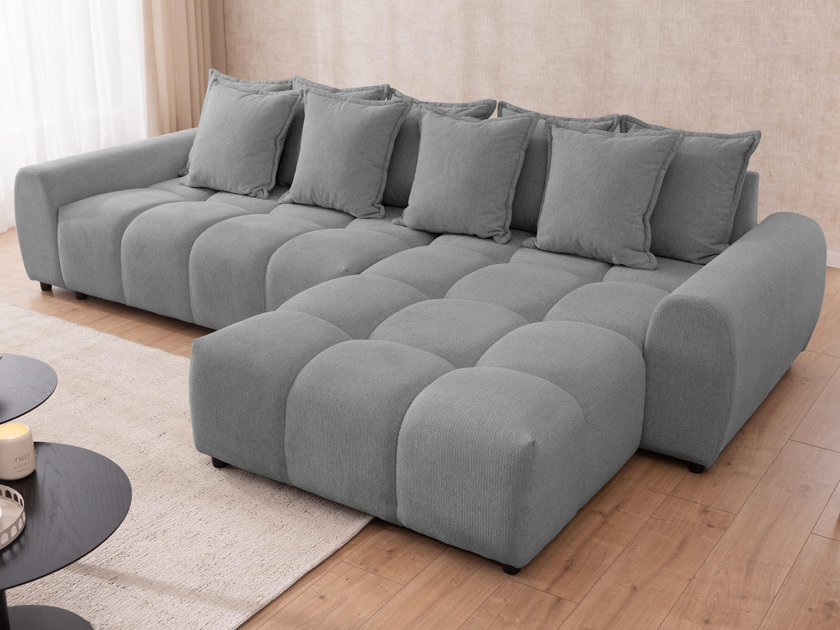 ECKSOFA Bubble mit losen Rückenkissen und Sitzfläche in Bubble-Optik aus weichem Grau Strukturstoff mit schöner Sitzkomfort - Ottomane rechts - Schwarz/Grau, Holz/Kunststoff (180/306cm) - S-Style Möbel