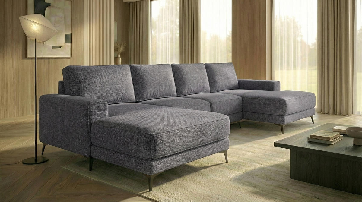 ECKSOFA VALTOR 320 cm x 185 cm – Stoff: SAWANA Pfeffer 5 Farbe: Dunkelgrau - Dunkelgrau, Textil (320/185cm) - A&J MöbelLand