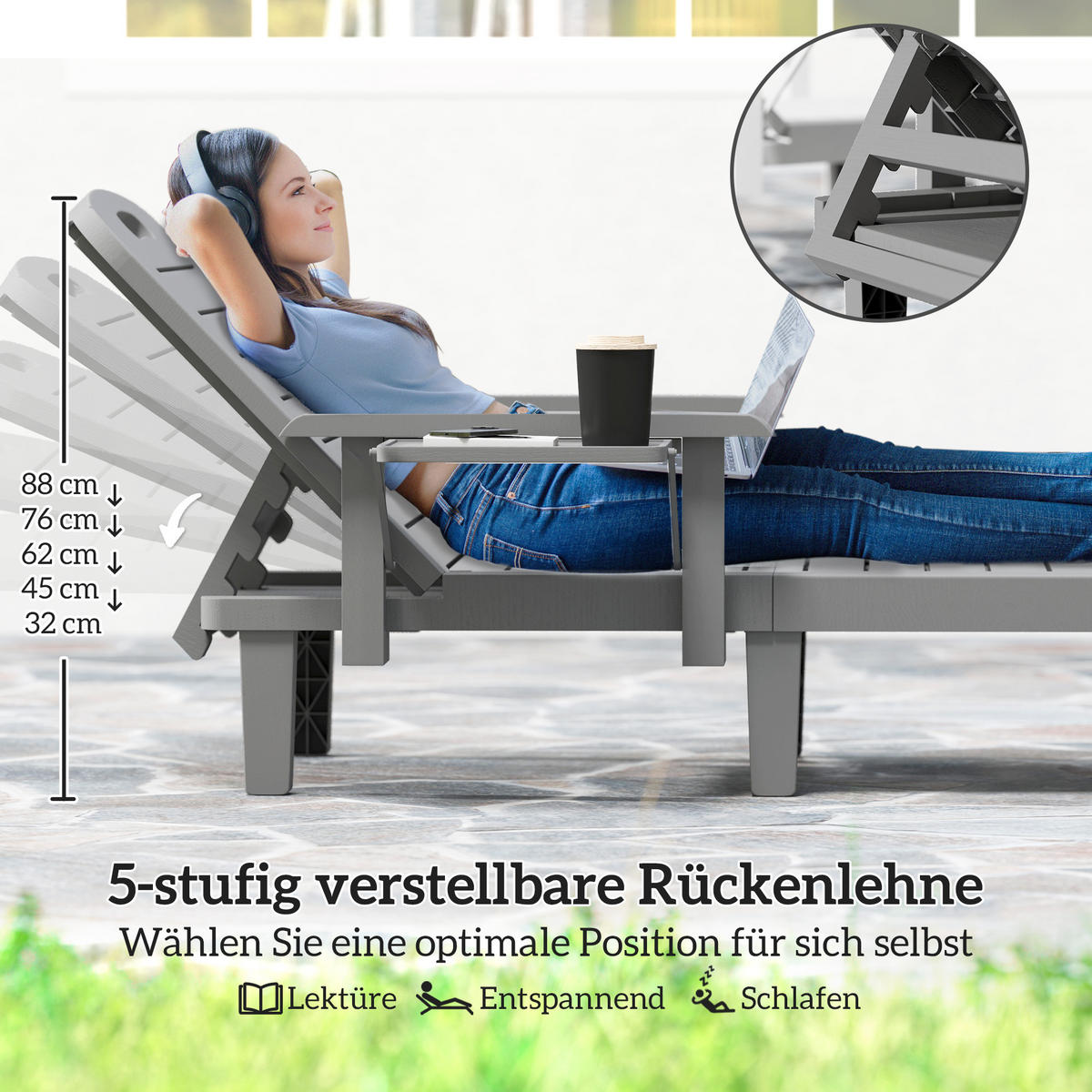 SONNENLIEGE Gartenliege mit Seitentisch Holzoptik Liegestuhl mit 5-Fach verstellbare Rückenlehne Dunkelgrau - Dunkelgrau, Metall (158/88/79cm)