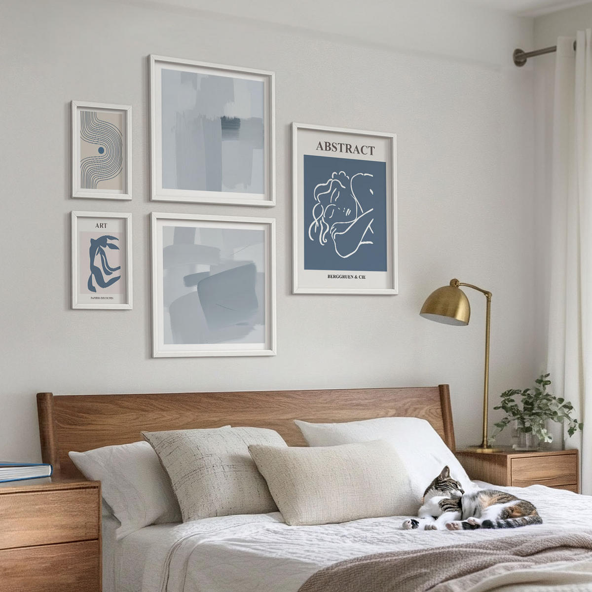 BILDER SET 5er Set - 50x50 cm & 20x30 cm & 40x60 cm Weißer Rahmen - Poster mit abstrakten Linien und Wellen - Weiß, Kunststoff (40/60cm) - TULUP