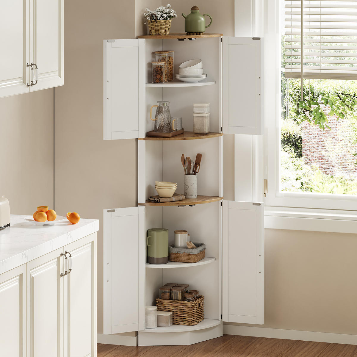 ECKVITRINE Eckschrank platzsparendes Landhaus-Design Weiß/Braun 39,5/39,5/180 cm Holzwerkstoff - Weiß, Holzwerkstoff (39.5/180/39.5cm) - EVRYAE