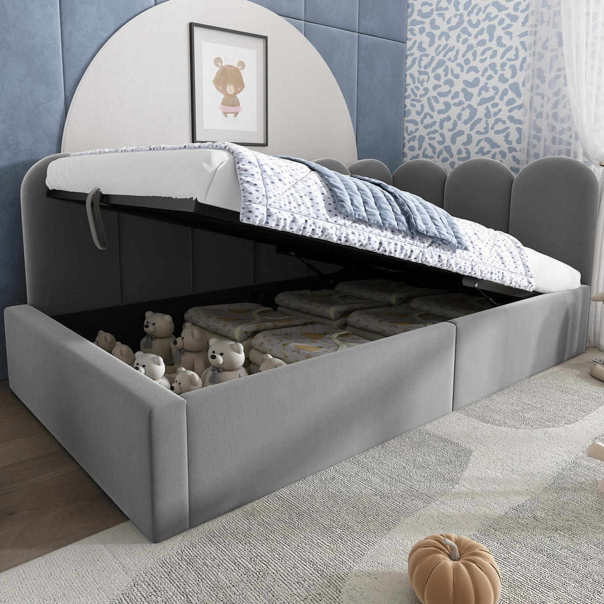 KINDERBETT Polsterbett 90/190 cm aus Samt mit hydraulischem Stauraum Grau - Grau, Textil (90/190cm) - Modenvie