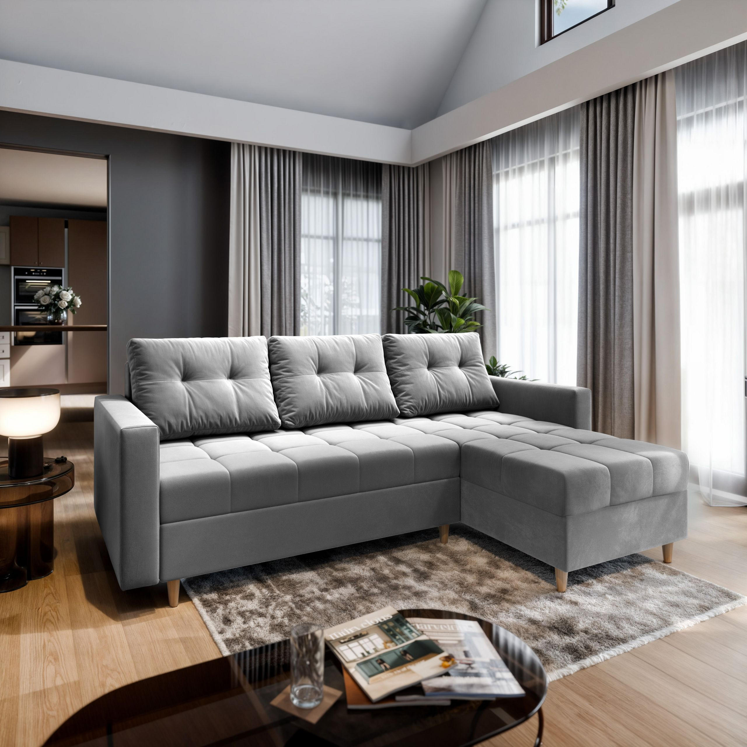 ECKSOFA MILO L Hellgrau Plüsch-Stoff mit Schlaffunktion - Hellgrau, Holz (220/140cm) - MASSENO