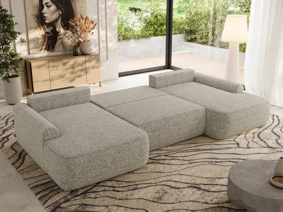 WOHNLANDSCHAFT CUBO U Beige Struktur - Beige/Schwarz, Kunststoff/Textil (370/100/187cm) - MKS