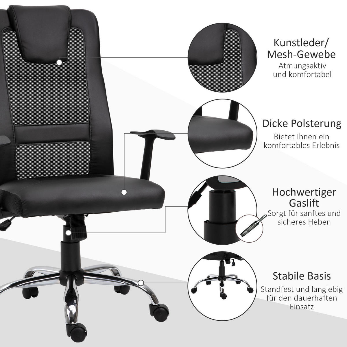 DREHSTUHL 73/108-118/66 cm Schwarz aus Kunstleder mit Wippfunktion - Schwarz, Kunststoff (73/118/66cm) - OKMYHOME