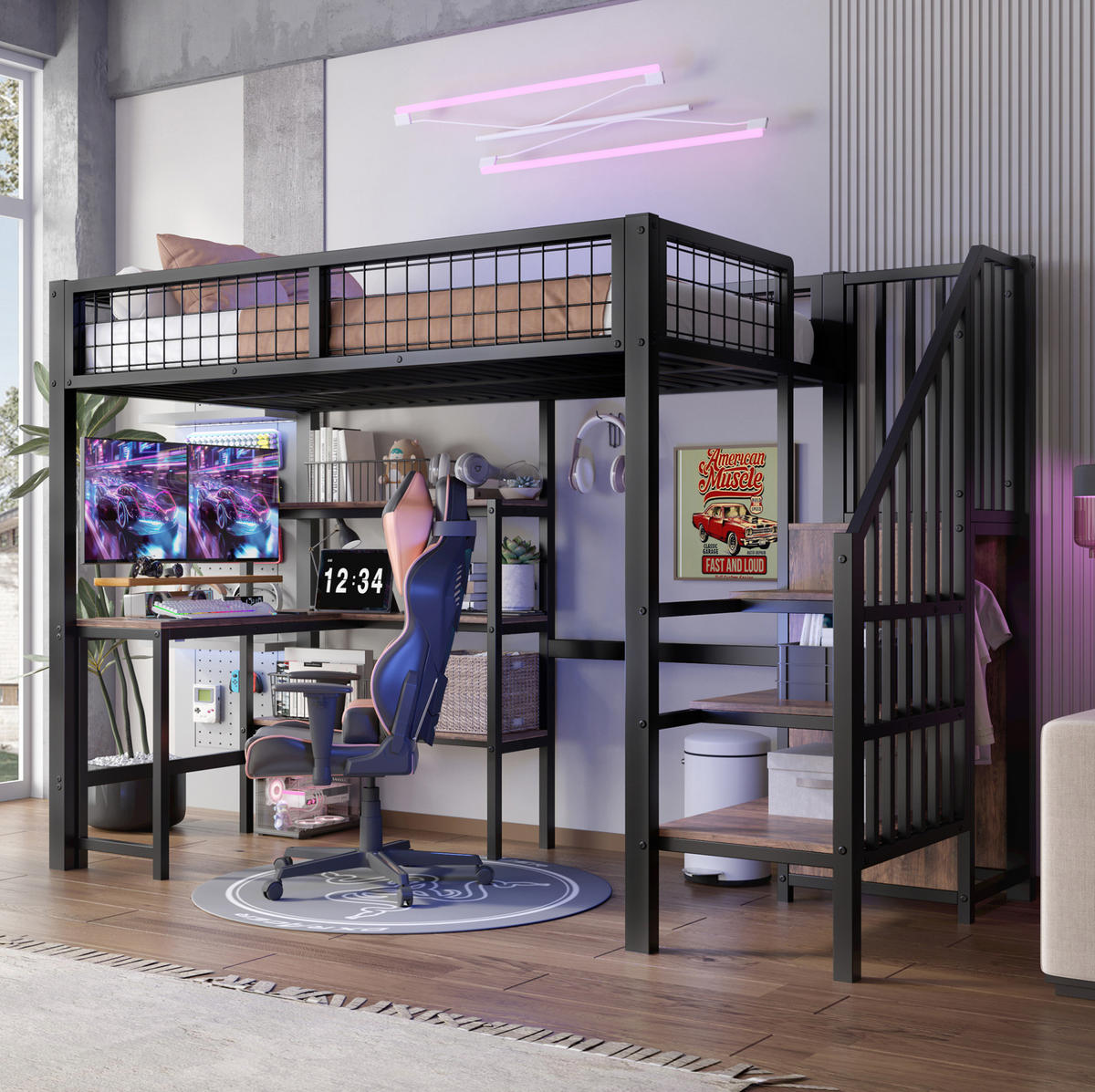 HOCHBETT 90/200 cm mit Schreibtisch, Regalen und Kleiderschrank aus Metall und MDF, Schwarz/Braun - Schwarz, Holzwerkstoff (90/200cm) - Redom