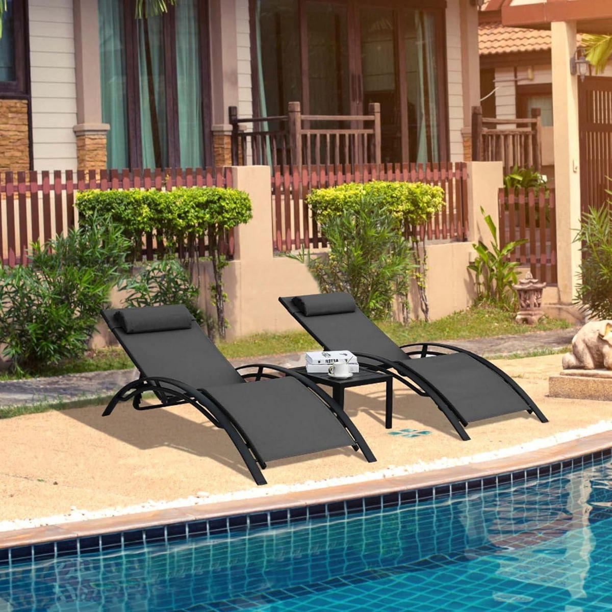 SONNENLIEGE 2er Set mit Beistelltisch Schwarz - Schwarz, Metall (64/83.5/153cm)