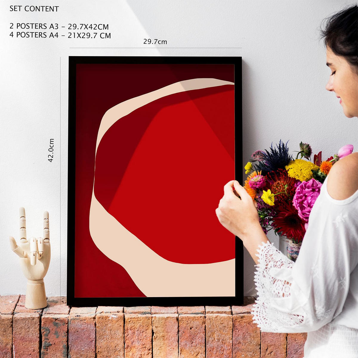 POSTER Set Mit 6 Rote Steine In Form Abstracts Ästhetische Dekorative Gemälde Für Ihr Wohnzimmer, Schlafzimmer, Zuhause A3 & A4 Rahmen Aus Hellem Holz - Beige, Papier (29/3cm) - Nacnic