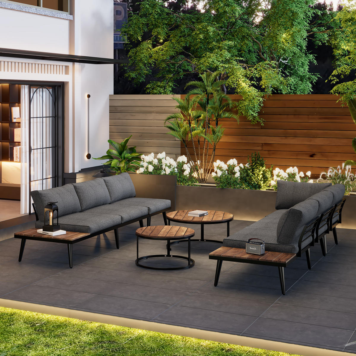 GARTENMÖBEL 160x64x75cm grau aus Stahl und Akazie, mit Kissen - Grau, Metall - Modfu