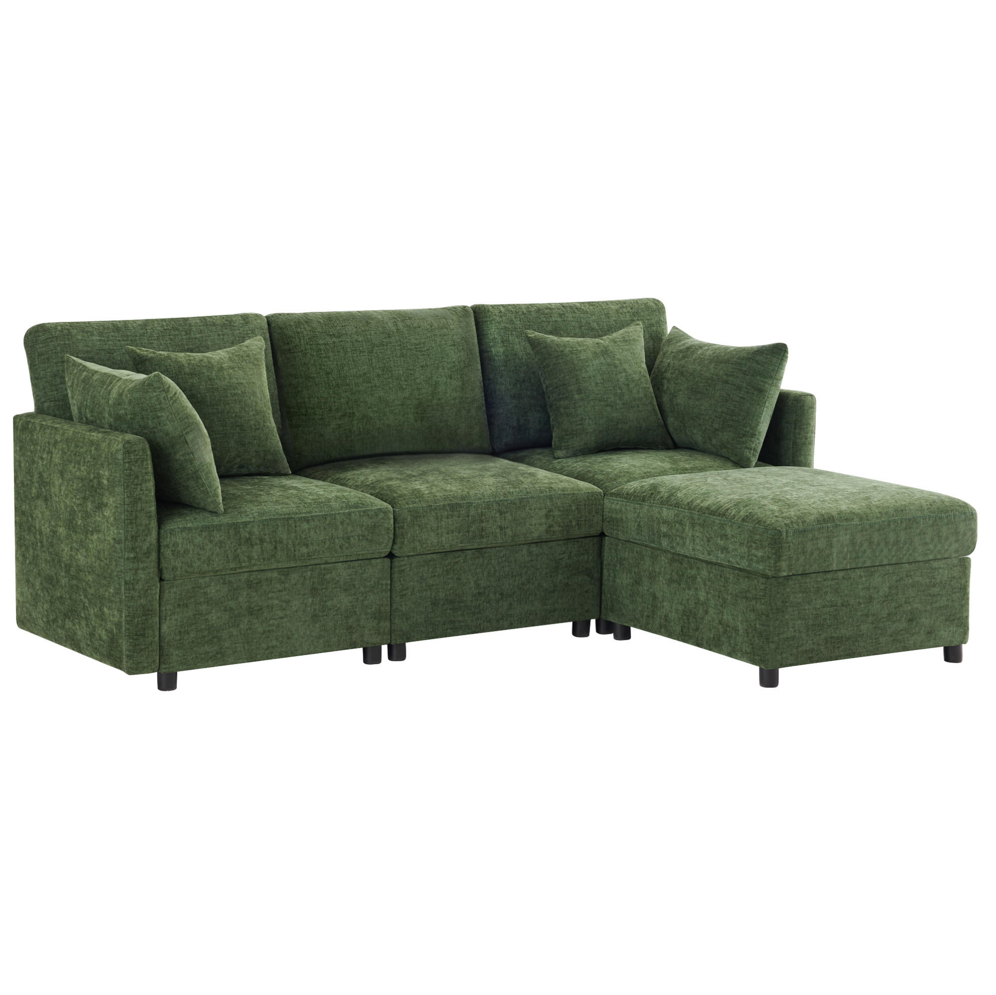 OKWISH ROHOVÁ sedací souprava 216/161/81 cm zelená z chenille s modulárním uspořádáním a taburetem