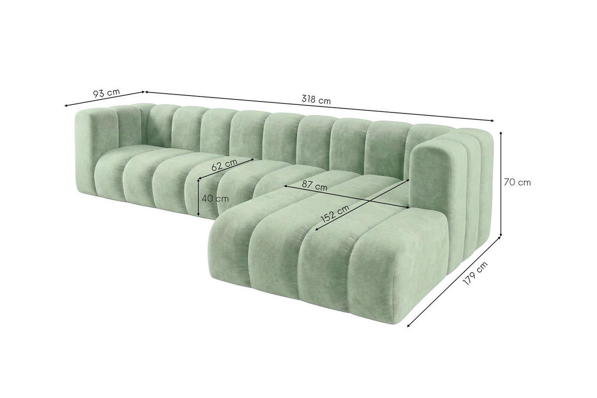 ECKSOFA Modulares In L-Form, Velvet-Stoff Riviera, Mintz, Rechts, GRAND 318 cm - Mintgrün, Holz (318/179cm) - Kaiser Möbel