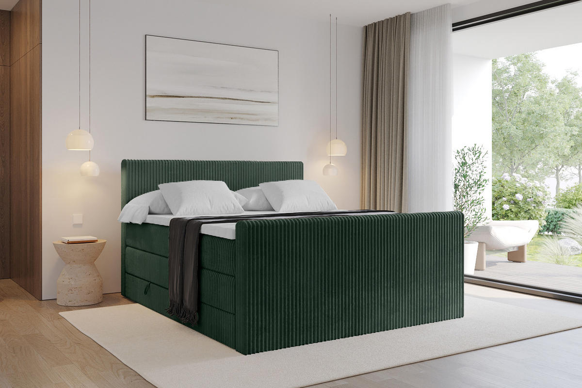 BOXSPRINGBETT mit Matratze H3|H4 und Lattenrost - TOLO-Z KING 200x200 Cord - Dunkelgrün - Dunkelgrün, Holzwerkstoff (200/200cm) - ALTDECOR