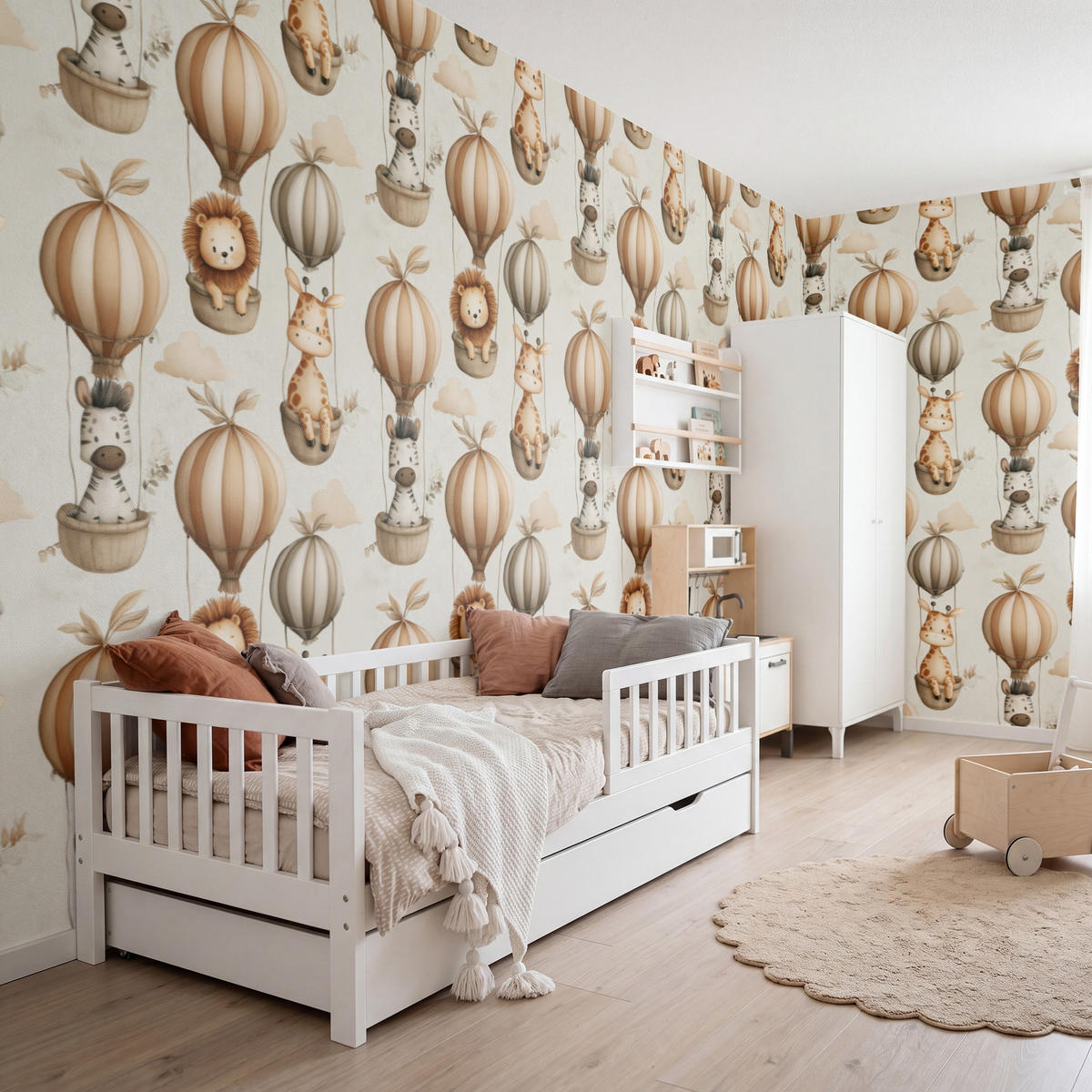 KINDERTAPETE - Safari - Heißluftballons - Taupe - 450x200 cm - Beige, Papier (450/200cm) - OnlyWow