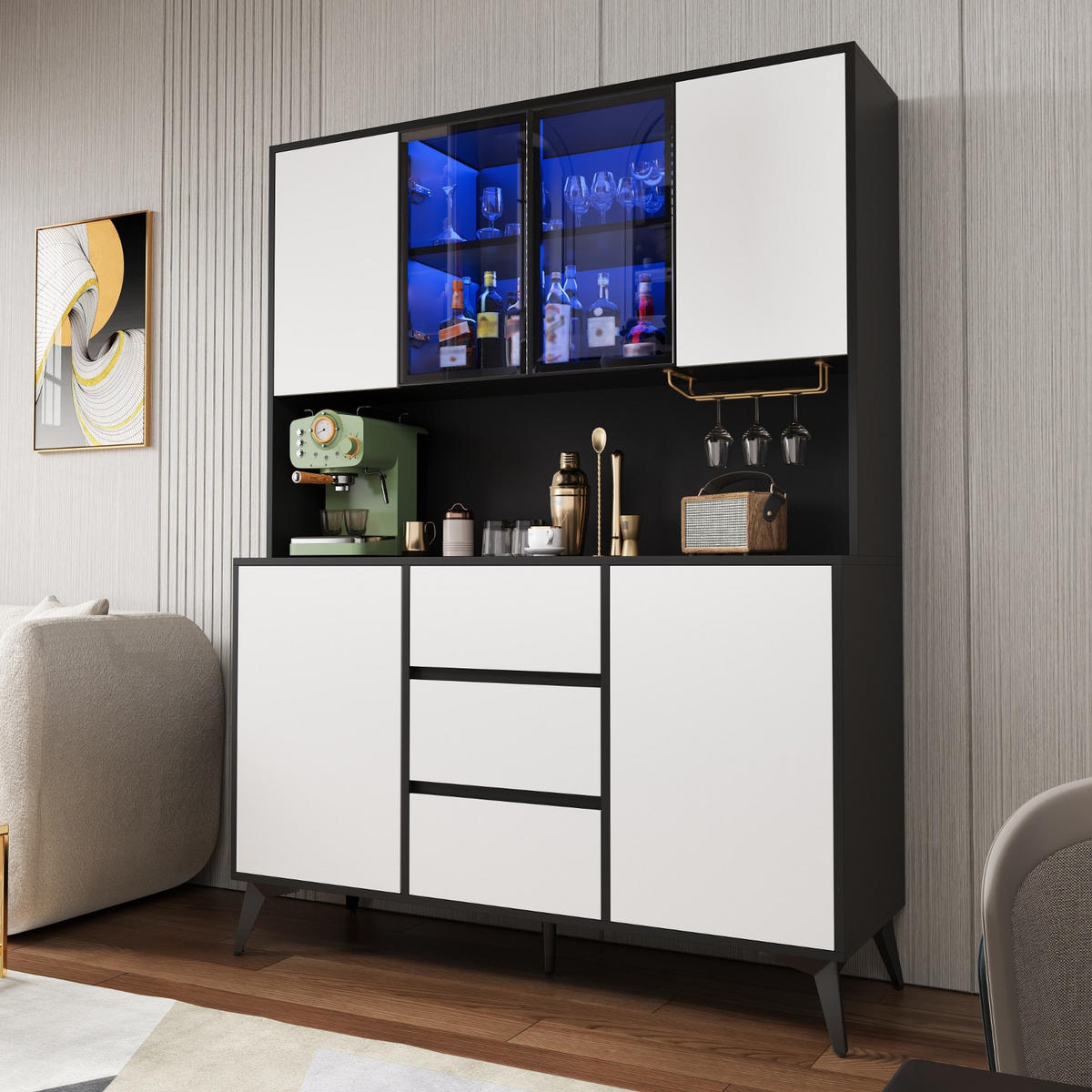 KÜCHENSCHRANK, 120/160/40 cm, MDF, Schwarz-Weiß, APP-GESTEUERTE LED-BELEUCHTUNG, für Esszimmer - Schwarz, Holzwerkstoff (40/160/120cm) - Rolipo