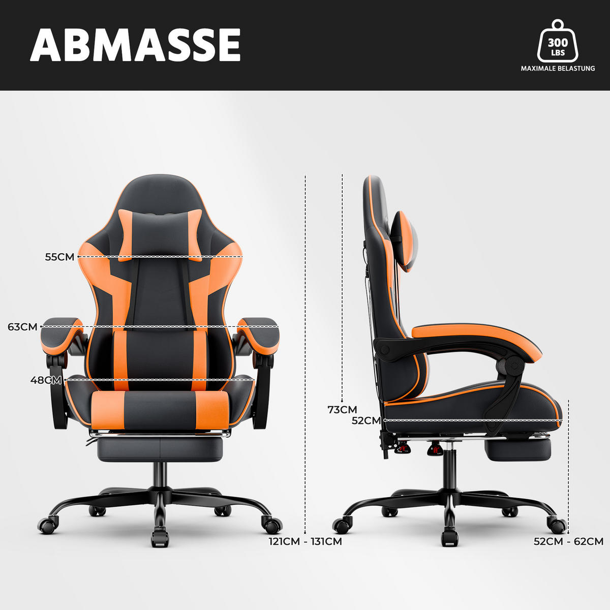 GAMING-STUHL ergonomisch verstellbar PVC Orange - Orange, Kunststoff (63/120.5/58.5cm) - Meubliv