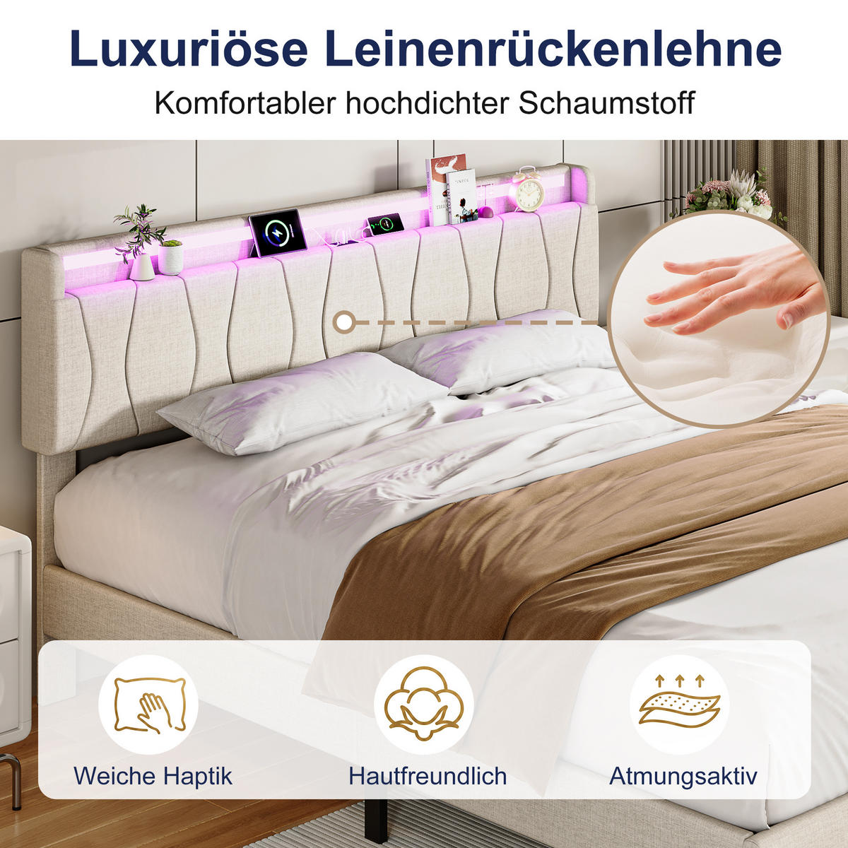MANŽELSKÁ POSTEĽ 140x200 cm s LED, USB-C, ľanovým poťahom a lamelovým roštom - béžová, drevo (140/200cm) - SHOPENTRA