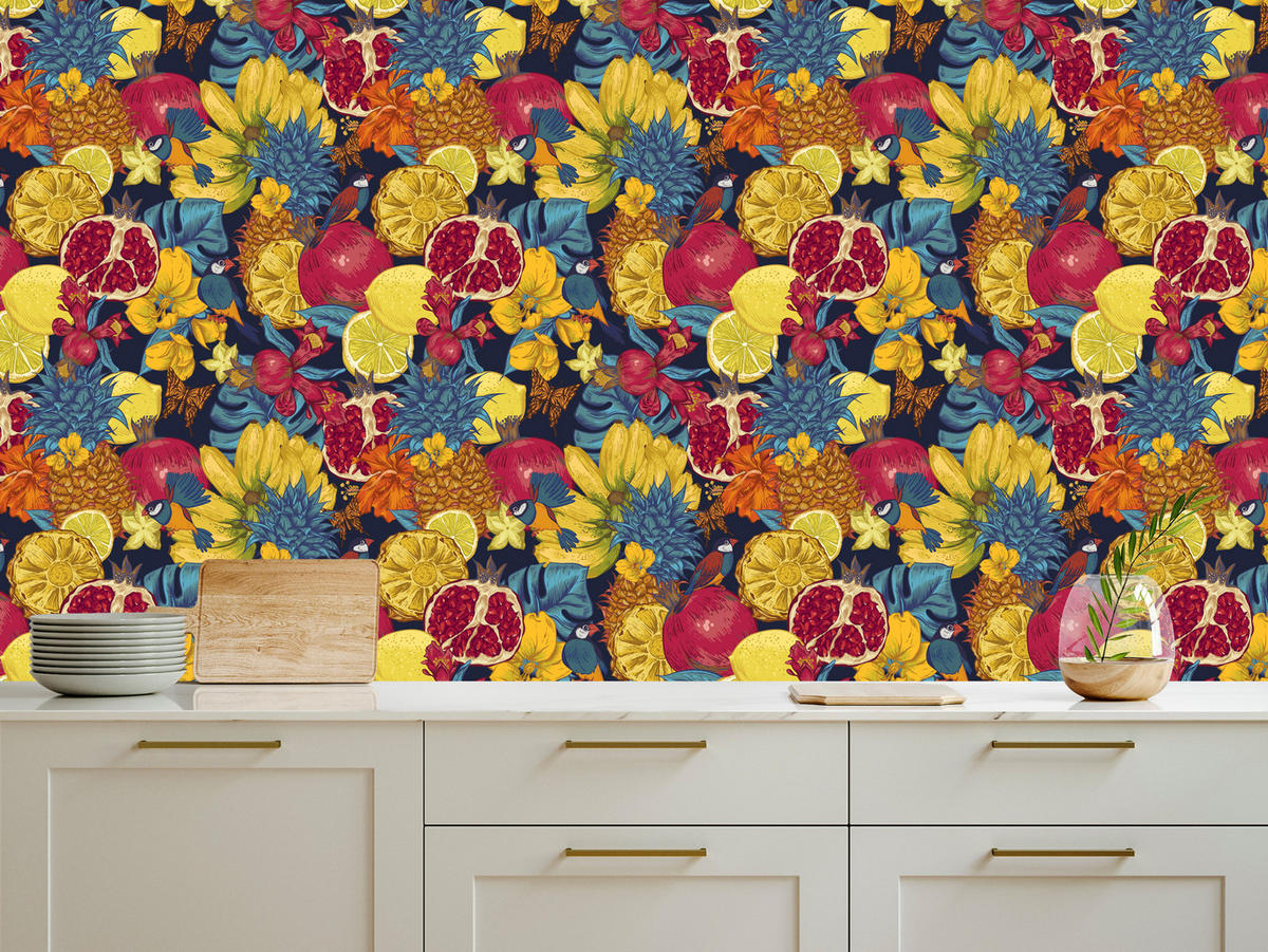 VLIESTAPETE Tropische Früchte, Blüten und Vögel – Bunt, Dunkelblau – 50x1000 cm - Multicolor/Dunkelblau, Papier (50/1000cm) - Muralo