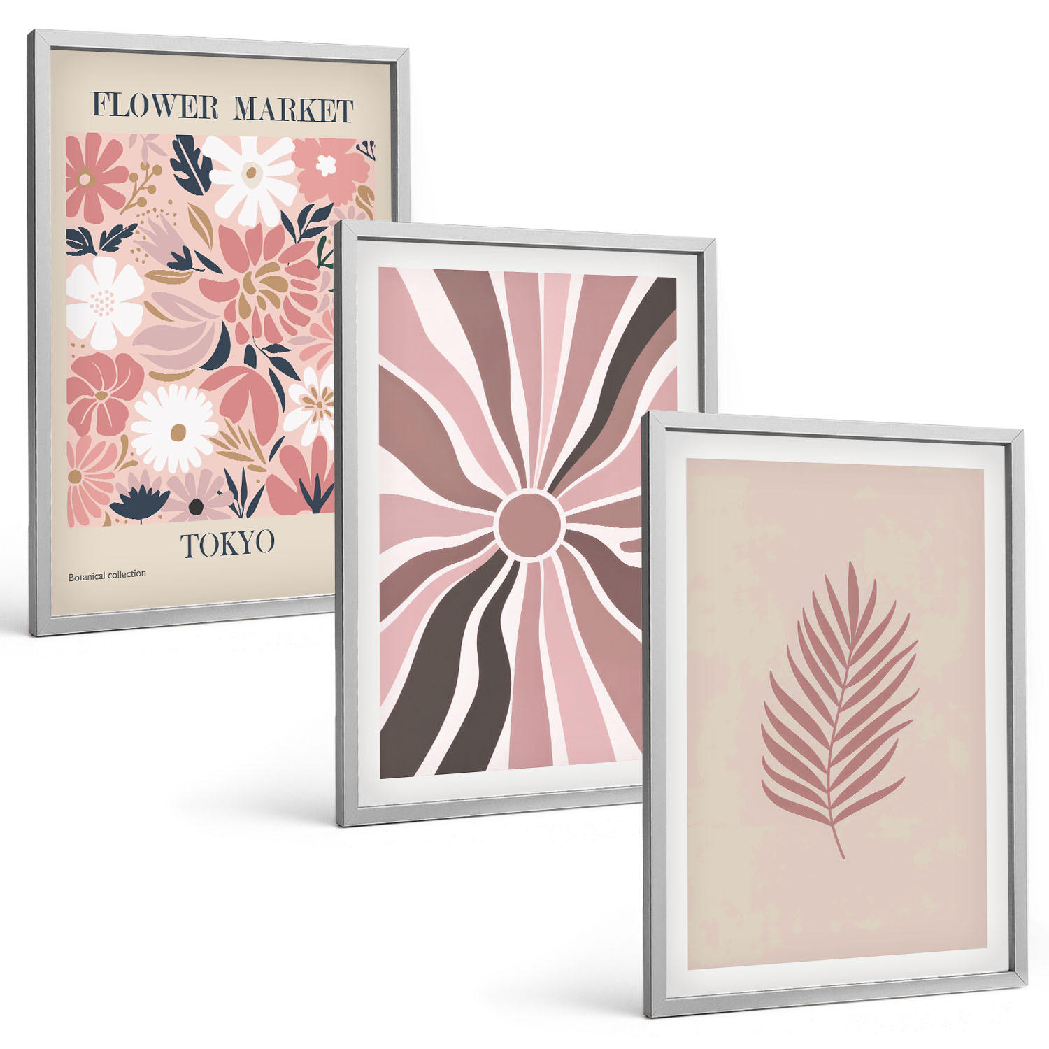 BILDER SET 3er Set - 40x60 cm Silberner Rahmen - Florale Blattmuster und Geometrie - Silberfarben, Kunststoff (40/60cm) - TULUP