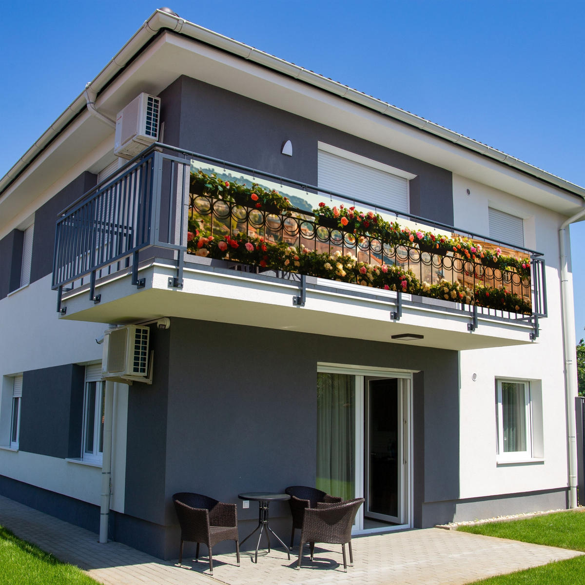 BALKON-SICHTSCHUTZ Blumen - Zaun - Stadtbild - Sommer - Pink, Kunststoff (500/110cm) - MuchoWow