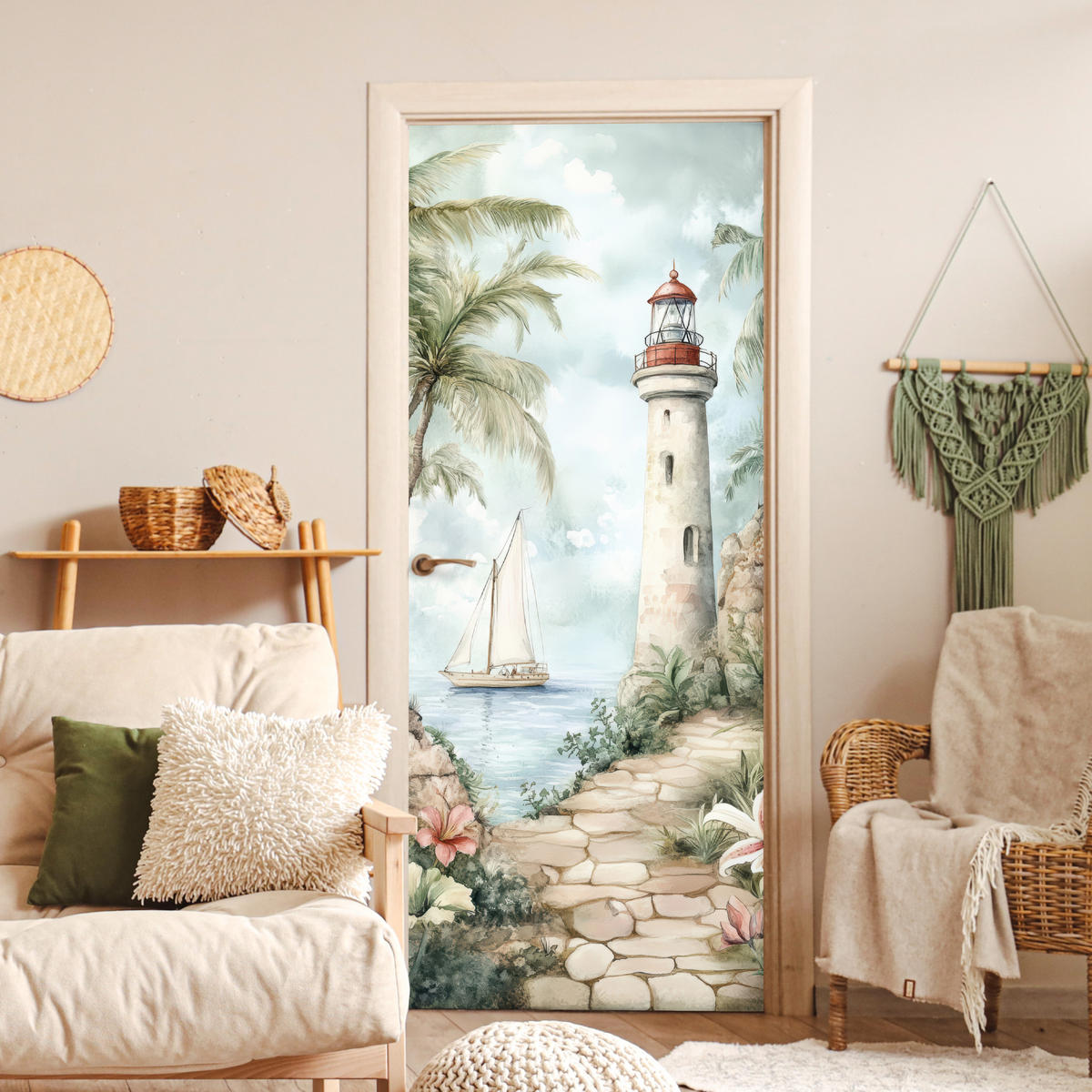 FOTOTAPETE Tür - Leuchtturm - Natur - Landschaft - Boot 95x215 cm - Eichefarben, Kunststoff (95/0.1cm) - MuchoWow