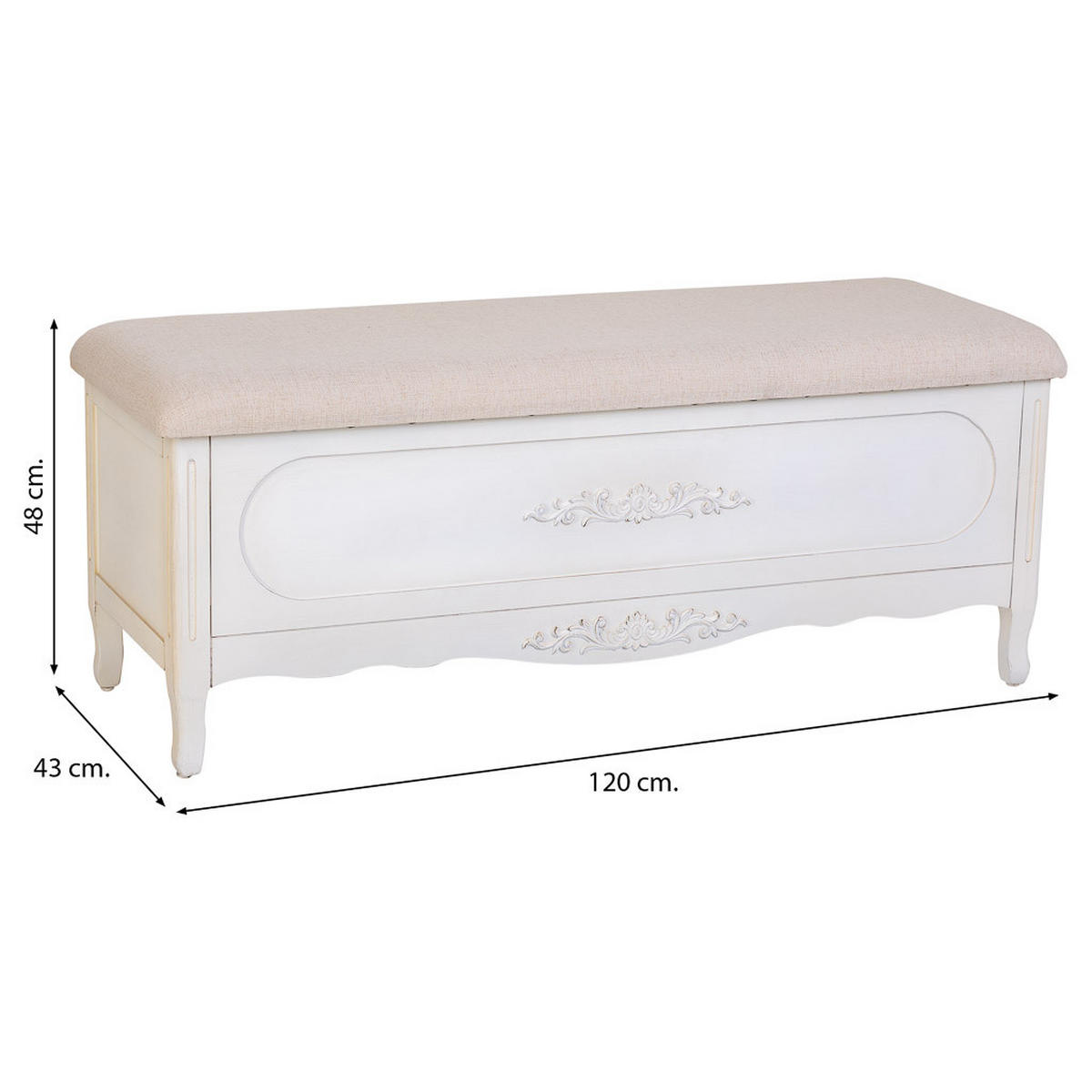 ANTIKER weiß lackierter gepolsterter Holzhocker 120x43x48 cm - Weiß, Holz (120/48/43cm) - Wanderlust