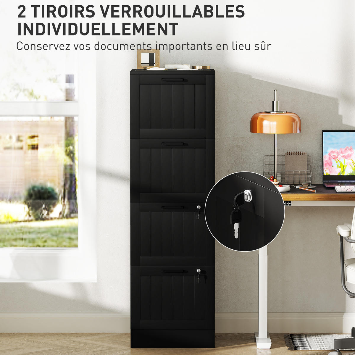 AKTENSCHRANK DE-14515 4 Schubladen abschließbar mit Hängeakten Schwarz - Schwarz, Holzwerkstoff (40/131/40cm) - ComfortXL