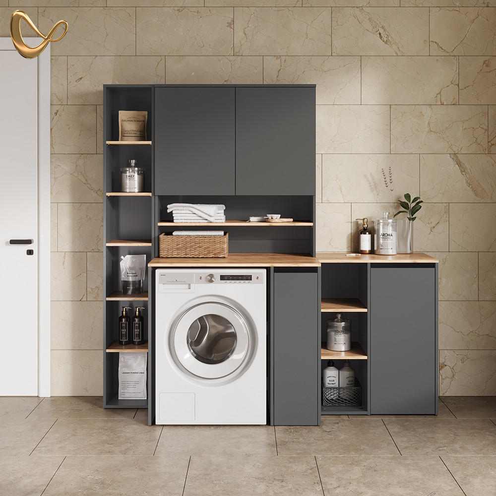 BADSCHRANK Paolina Anthrazit/Goldkraft Eiche 30 x 188.6 cm - Anthrazit/Eiche Wotan, Holzwerkstoff (30/188.6/27.3cm) - Livinity®