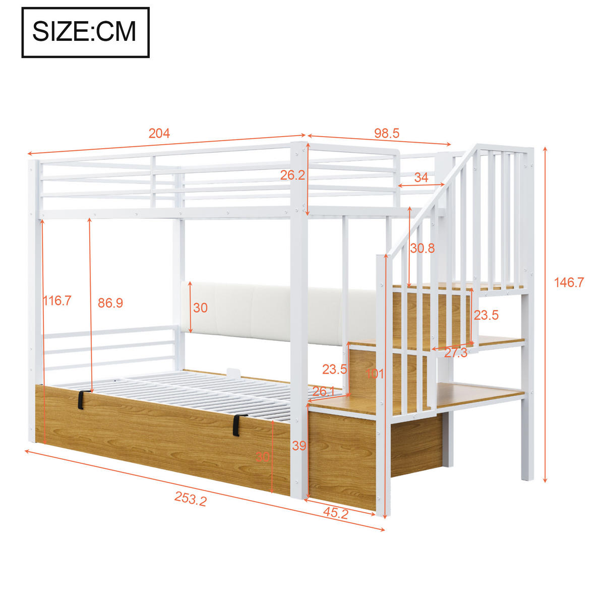 ETAGENBETT 90/200 cm DE-01542, in Weiß, mit hydraulischer Funktion und gepolsterter Rückenlehne - Weiß, Metall (90/200cm) - ComfortXL