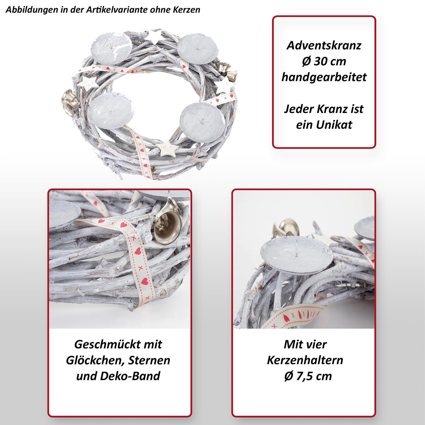 ADVENTSKRANZ HOLZ Ø 30CM MIT KERZEN WEIß Weiß - Weiß, Holz (30/8cm) - MCW