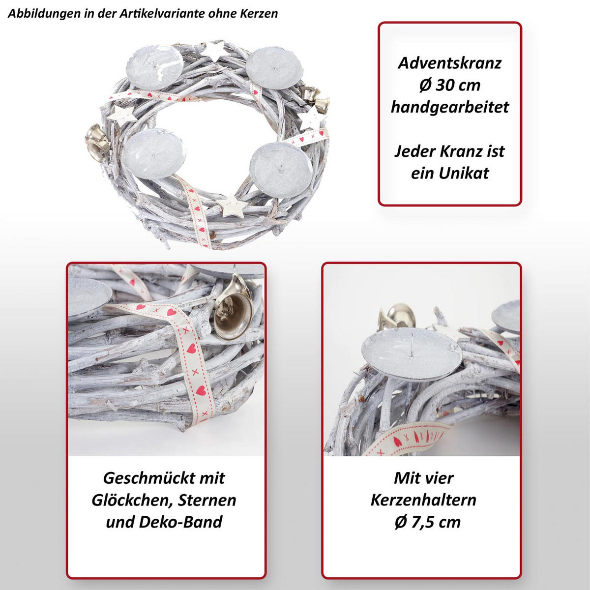 ADVENTSKRANZ HOLZ Ø 30CM MIT KERZEN WEIß Weiß - Weiß, Holz (30/8cm) - MCW