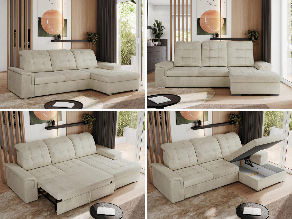 ECKSOFA MADRITO L - Beige Velorus - Rechts - Beige/Silberfarben, Textil/Metall (256/160cm)