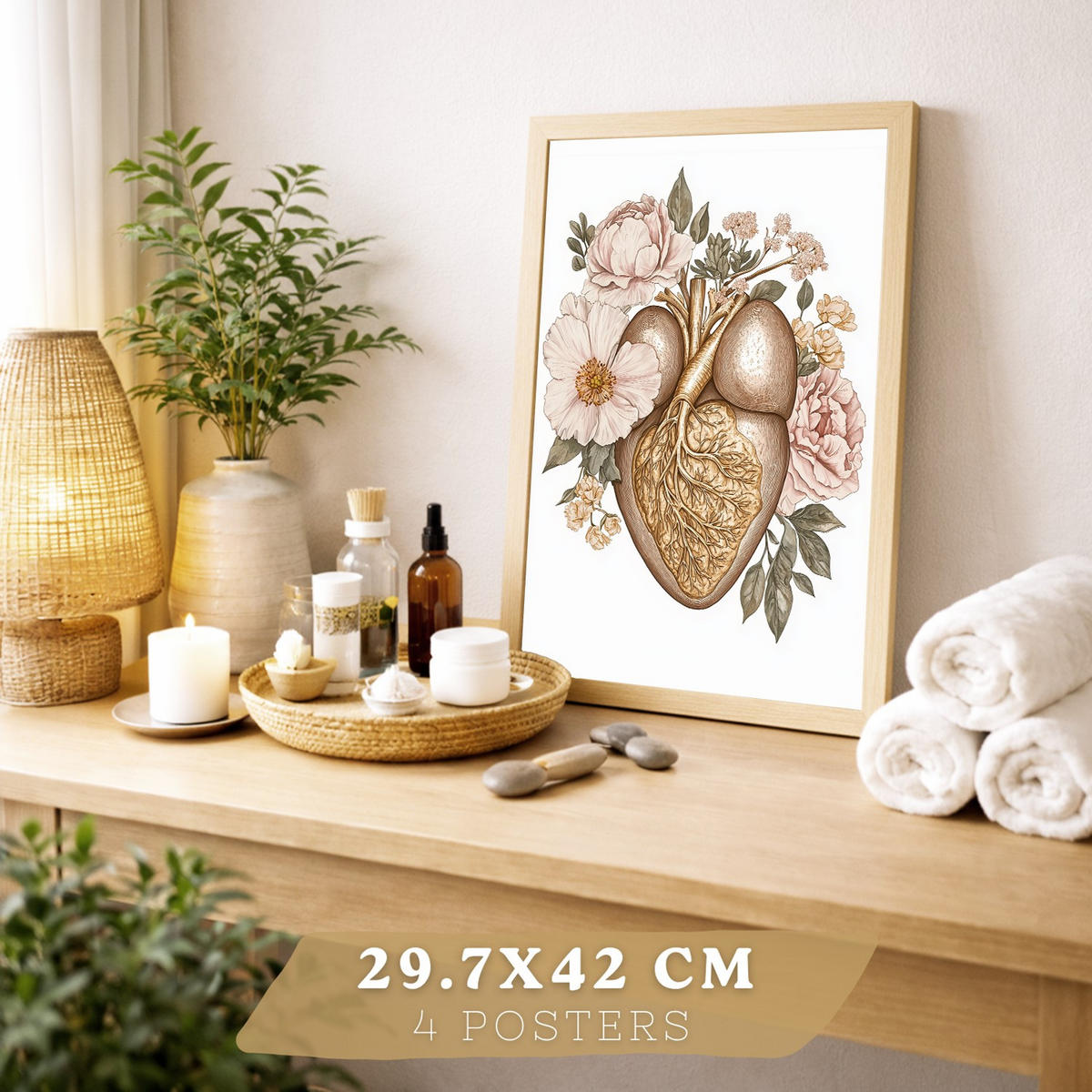POSTER Set aus 4 Vintage Körper Anatomie Drucke mit Gehirn Herz Lungen Luftröhre Bronchien Nieren Verdauungssystem Magen Darm Größe Rahmenlos A3 - Klar, Papier (29.7/42/3cm) - Nacnic