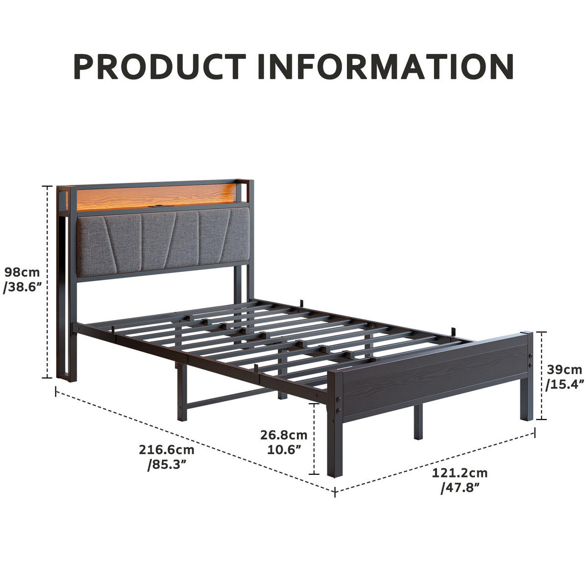 METALLBETT 120/200 cm Schwarz mit LED und USB - Schwarz, Metall (120/200cm) - Oxeza