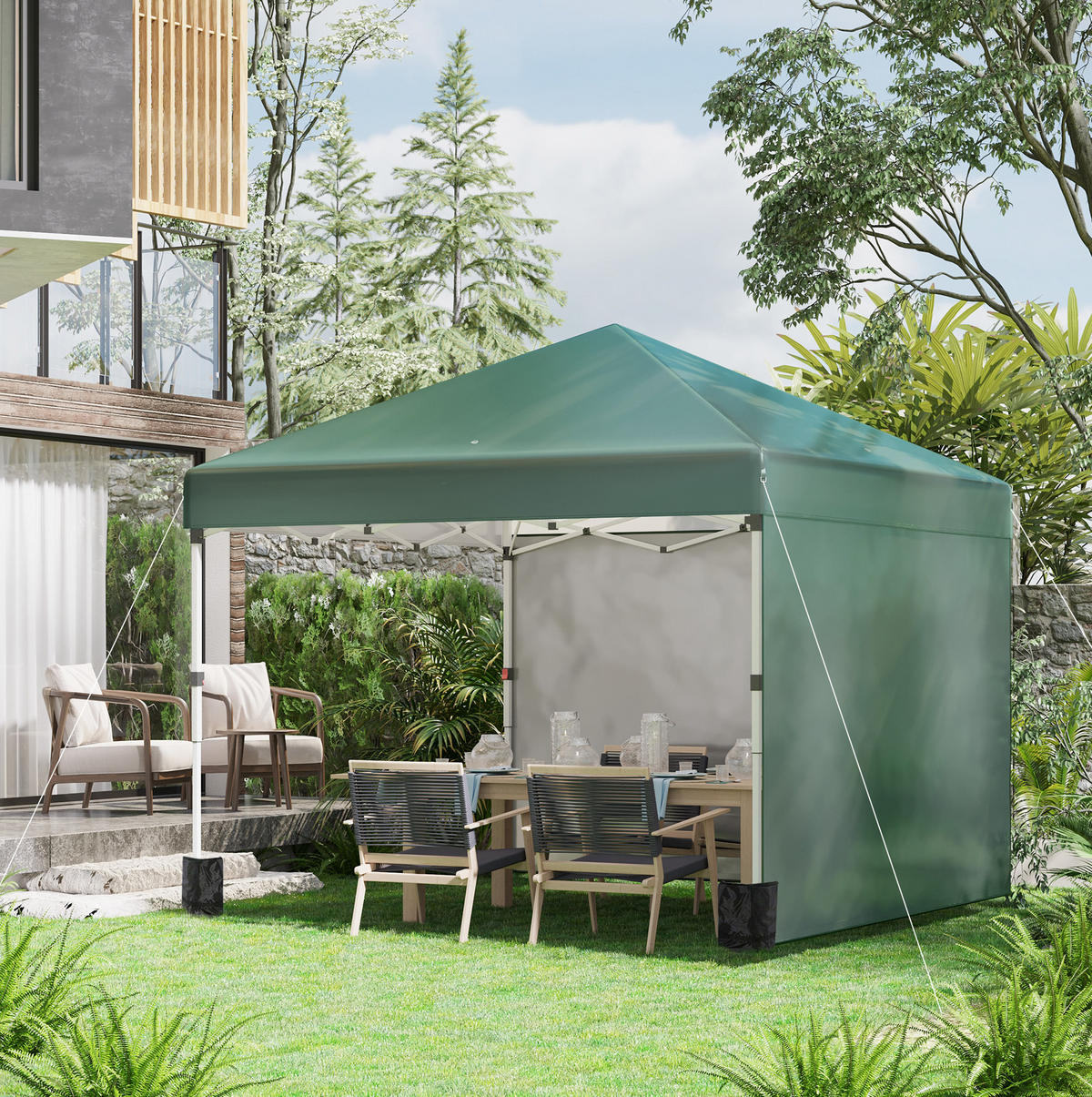 PAVILLON 297/297/288 cm höhenverstellbar, faltbar mit 2 Seitenwänden und UV30+ Schutz, Polyester, Grün - Grün, Kunststoff (297/288/297cm) - Redom