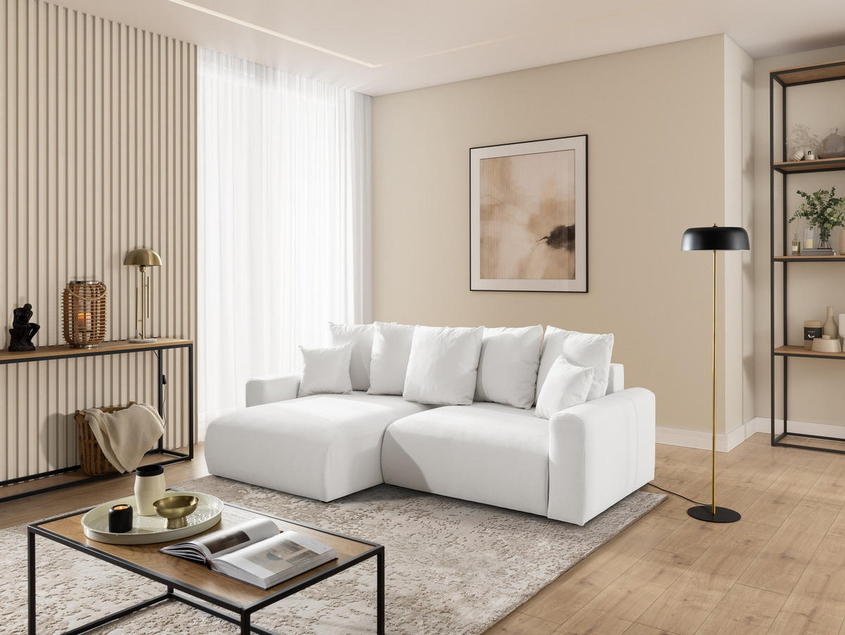 ECKSOFA Calma mit Schlaffunktion und Bettkasten im Bumpy-Design aus weichem Creme Webstoff - Ottomane links - Creme/Schwarz, Holz/Kunststoff (239/140cm) - S-Style