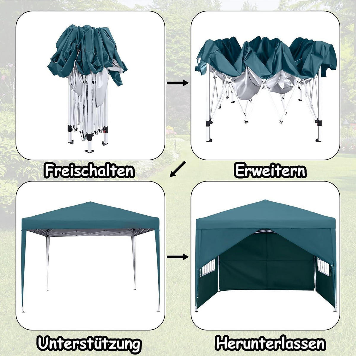 FALTPAVILLON 3x3m mit Seitenteilen und Fenstern Grün - Petrol, Textil (300/260/300cm)