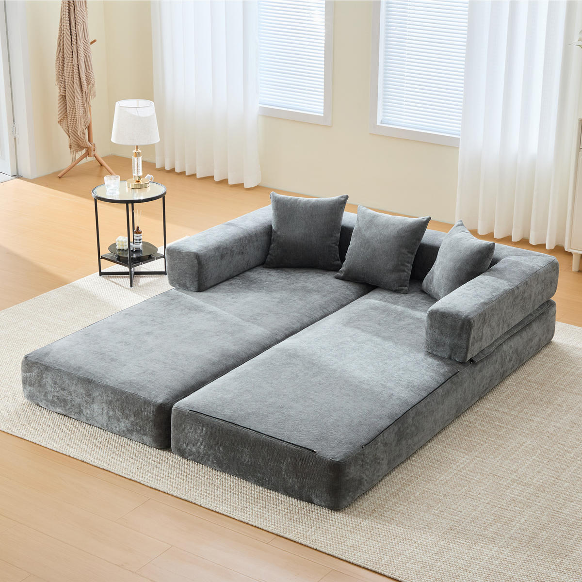 SCHLAFSOFA 198/79/60 cm Dunkelgrau mit Aufbewahrungstaschen - Dunkelgrau, Textil (198/60/79cm) - Oxeza