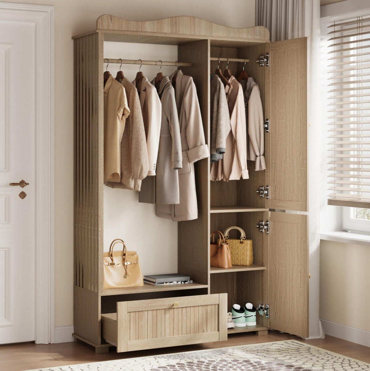 GARDEROBENSCHRANK 115,5/38,5/194,5 cm mit Spiegel, offener Kleiderstange und Schublade, Eichefarben - Eichefarben, Holzwerkstoff (115.5/194.5/38.5cm) - Redom