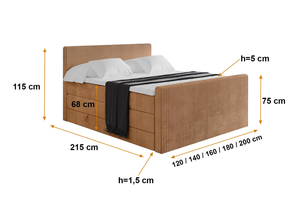 BOXSPRINGBETT mit Matratze H3|H4 und Lattenrost - TOLO-Z KING 200x200 Cord - Rotbraun - Rotbraun, Holzwerkstoff (200/200cm) - ALTDECOR