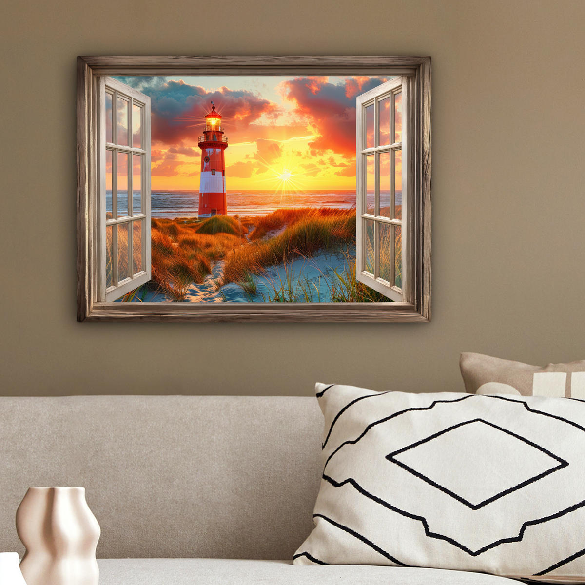 LEINWANDBILD Aussicht - Fenster - Leuchtturm - Sonnenuntergang - Strand 40x30 cm - Dunkelorange, Textil (40/30cm) - MuchoWow
